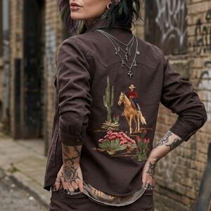 Stetson Embroidered Cowboy Rider Scene In Chocolate Cotton Shirt Jacket Size Med
